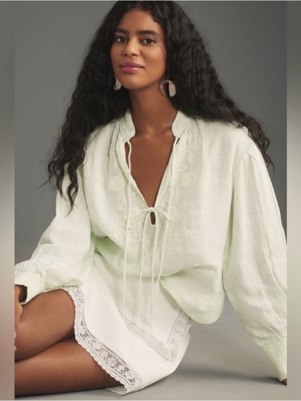 Anthropologie Pale Mint Embroidered Tie-Neck Blouse
